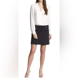 Adriana Papell Preppy Minimalist Long Sleeve White Blouse Navy Skirt Dress